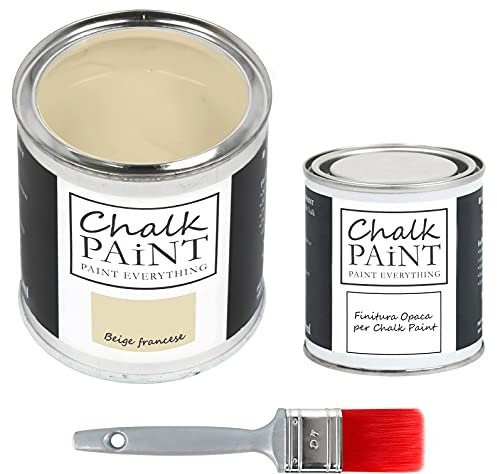 CHALK PAINT EVERYTHING Beige Francese & FINITURA + PENNELLO - Kit Pronto Vernicia e Proteggi (750 ml Colore + 250 ml Finitura + Pennello Professionale 40 mm)