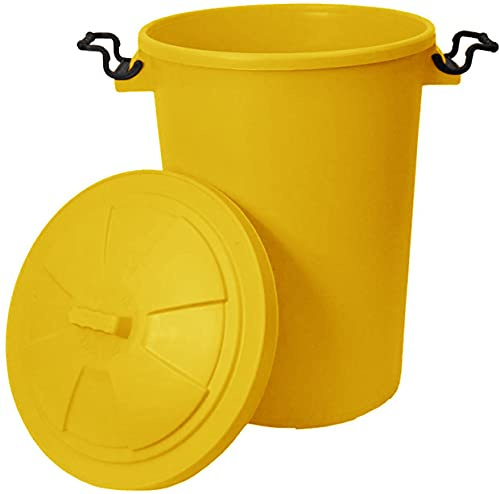 JMS we create smile 50L Plastic Bin/Waterproof/Rodent Proof for Outdoor/Animal Feed Food Storage with Locking Lid (Yellow)