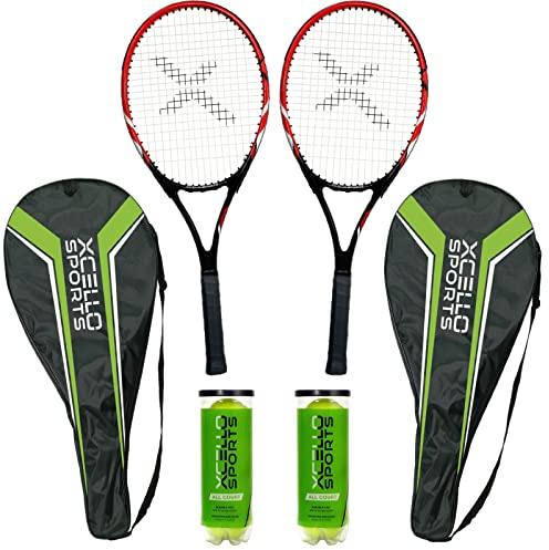 Xcello Sports 23 Aluminum Racket Set (Red/Black) with 2 Tubes of Tennis Balls and 2 Covers