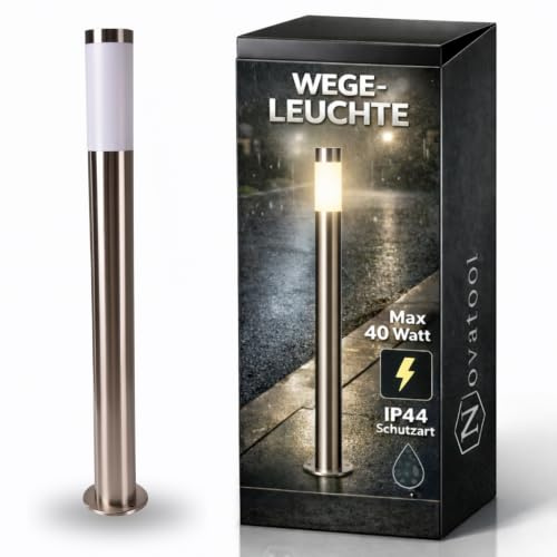 Novatool Gartenlampe I 110 cm I Edelstahl I IP44 I E27 Sockel I Gartenleuchte Stehlampe Säulenlampe außen Außenlampe Aussenleuchten Sockelleuchte Pollerleuchte Wegeleuchte