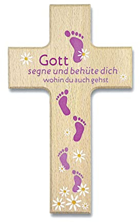 Uljö Kinderkreuz Holzkreuz ''Gott segne und behüte dich'' Füße blau (pink), 9x15 cm