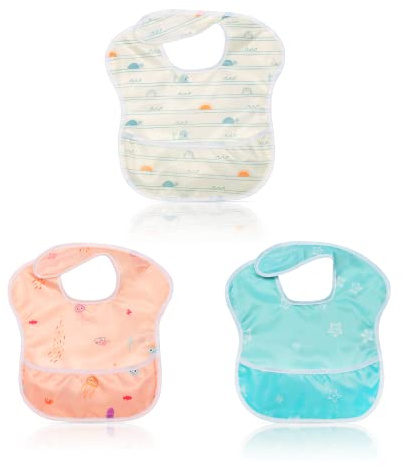 Little Dimsum Baby Lätzchen 3er Set,Wasserdichte Babylätzchen mit Ärmeln & Auffangtasche, Verstellbarer Klettverschluss, Für Babys 6-36 Monate (Maschinenwaschbar)