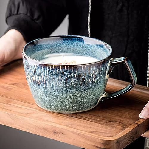 Cteahrow Grande ciotola per zuppa con manico, tazza da caffè da 600 ml, tazza da colazione per cereali, adatta per dessert al latte, farina d'avena, adatta al microonde (azzurro)