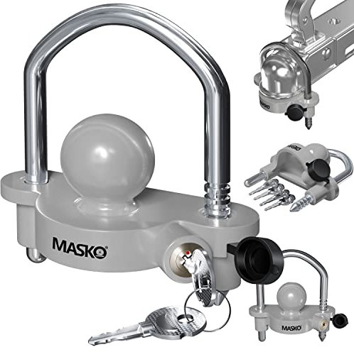 MASKO® Anhängerschloss für gängige Anhängerkupplung einfache Montage Diebstahlschutz Diebstahl Anhänger Sicherung 4 Schlüssel extra sicher Kreuzschloss, Inkl. Deckelschutz, Grau