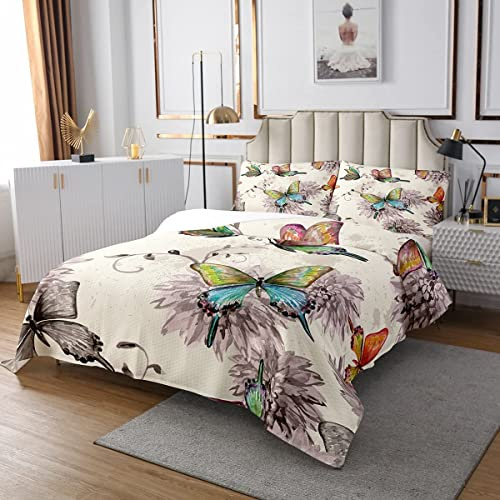 Schmetterling Tagesdecke Aquarellblumen Gesteppt 240x260 für Frauen Mädchen Teenager Erwachsene,Buntes Schmetterlings Blumen Tagesdecke,Jahrgang Grunge Blumen Tagesdecke Quilt-Set Schlafzimmerdekor