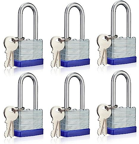 AOSRUM Lock Outdoor Padlocks, Laminated keyed Padlock, 1-9/16 in Wide Body, Padlock Set with Keys, Long Shackle (6Pack)