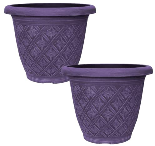Fyne-Finds Set of 2 Round 33cm Garden Plant Pot Woven Flower Outdoor Deco Planter Frost Proof, Weatherproof, Drainage Hole (Purple)