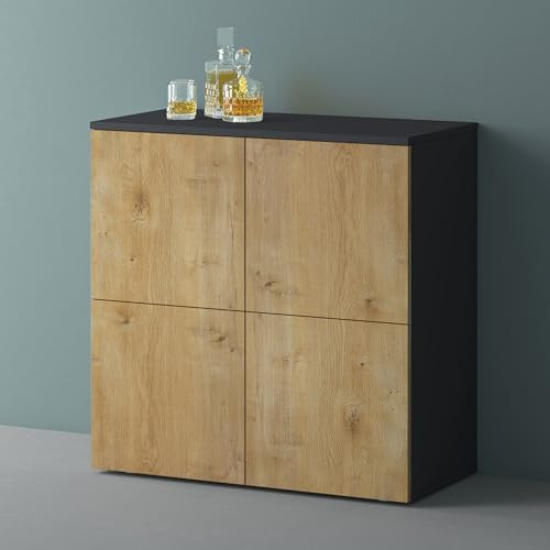 Mai & Mai Sideboard 76cm Kommode 4 Türen Soft-Close grifflos Stauraum | Sideboard Wohnzimmer, 4 Stauräume, verstellbare Füße, Flurschrank, Anthrazit matt + Kerneiche, BxTxH:76x36,4x74cm, Schrank04
