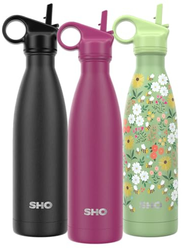 SHO Original 2.0 Insulated Stainless Steel Water Bottle (500ml, Very Berry) | 2 Lids - Straw & Screw, 24H Cold, 12H Hot, BPA-Free, Carry Loop