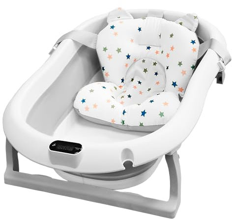 ALMAR Baby Bañera Plegable Bebé hasta 24 meses Gris con Termómetro Cojín Asiento Reductor para Recien Nacido con Patas Antideslizante Indicador de Temperatura Compacta