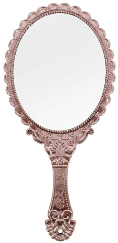 Tibapla Specchio a Mano Vintage, Specchio da Tenere in Mano, Ovale Piccolo in Oro Rosa, Portatile con Manico, Specchietto in Plastica per Parrucchiere, Trucco, Casa, Viaggi