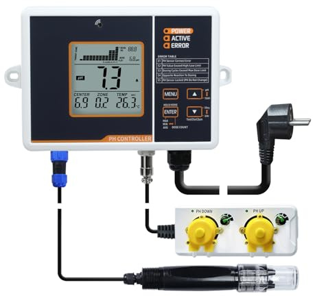 pH-Regler mit Temperaturkompensation, einstellbarer pH-Regelbereich von 4,5 bis 8,5 pH, doppelte Relaisausgabe, einfache Plug-and-Play-Bedienung, pH-Messung für Aquarium und Hydroponiksysteme