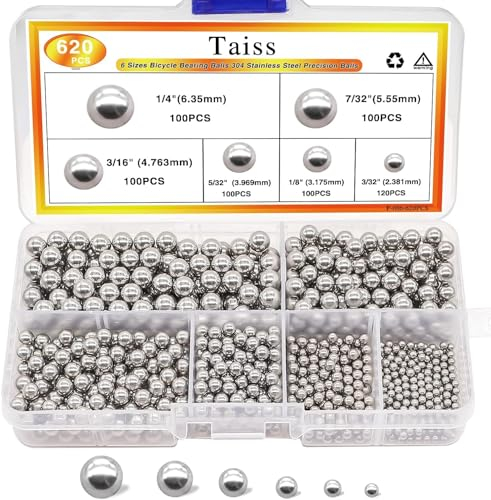 Taiss 620PCS 304 Stainless Steel Precision Balls,Bicycle Bearing Balls Assortment Kit,6 Sizes Steel Balls 1/4 7/32 3/16 5/32 1/8 3/32,precision ball bearings stainless steel F-086-620PCS