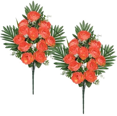 Arborus 2 flores artificiales de cementerio para tumbas de 21.6 pulgadas, ramo de flores de camelia falsas, flores de seda conmemorativas para decoración de tumbas, flores artificiales de color