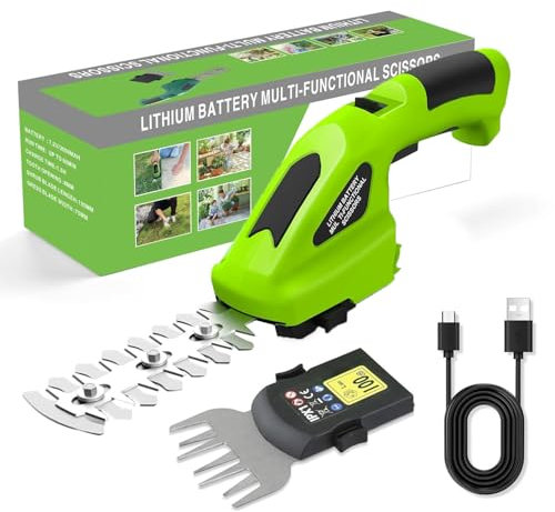 Cordless Grass Shear & Hedge Trimmer, Electric Grass Cutter with Rechargeable Battery and 2 Interchangeable Blades, HandHeld Hedge Cutter for Lawn Edging, Leaf Pruning and Hedge Trimming