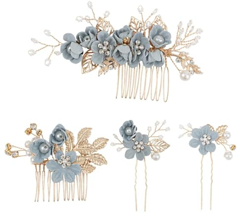 4er Pack Blattgold Haarkamm mit Blumen und Strass - Braut Haarschmuck für Hochzeit, Haarspangen und Brautschmuck