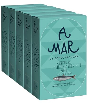 Sardinas Millésimées en Aceite de Oliva A Mar Espectacular - Pack de 5 latas de sardinas - Conservas gourmet para tus aperitivos - Perfectas para tapas y recetas