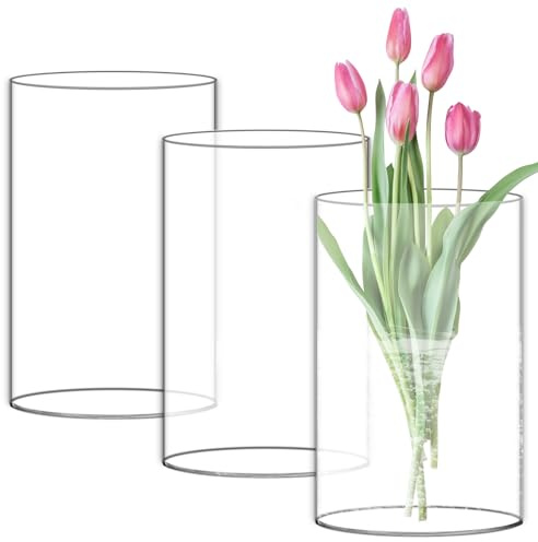VEGOATY 3 stycken höga glasvaser, H: 15 cm, 10 cm genomskinlig glasvascylinder med botten, bred öppning, glasvaser, blomvas av borosilikatglas, perfekt för dekoration, för bordsdekoration, ljus,