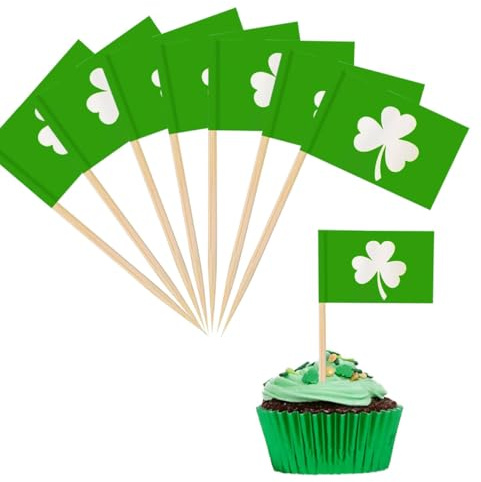 St Patricks Day Decorations Cupcake Toppers,100Pcs Green Clover Flags Toothpicks Irish Food Cocktail Stick for Sandwich Food Flags Cake Toppers St Patricks Day Party Supplies