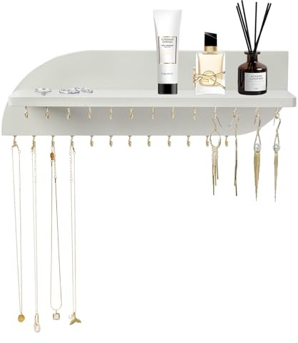 Lampaggio Hanging Jewelry Organizer with 25 Hooks and Cosmetics Shelf, Modern Wood Wall Mounted Jewelry Holder for Necklaces, Bracelets, Earrings and Rings, Grey