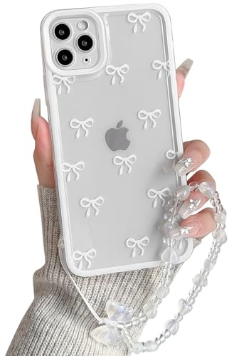 NITITOP for iPhone 11 Pro Case Cute Clear Bow Chain,White | for Women Girls, Aesthetic Bowknot Ribbon Design, with Wrist Strap, Soft TPU Shockproof Cover, Full Camera Protection