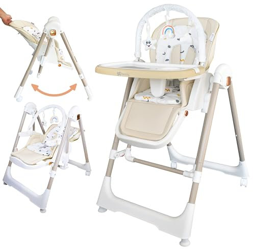 Twinly - Trona bebé Evolutiva Hamaca columpio multifunción Movity PRO con arco de Juguetes - Plegable y ajustable con Reductor Arnés 5 puntos y Bandeja extraíble - 0m+ a 15kg (Beige, Movity Pro)