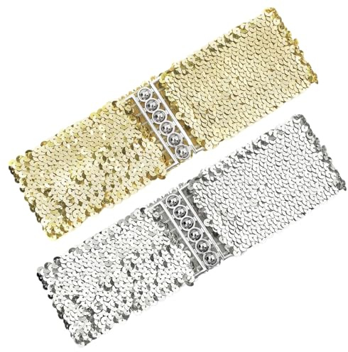 Pailletten Breite Gürtel Damen Metall Schnallen, 2 Stück Glitzergürtel Glitzer Glänzender Taillengürtel, Elastischer Modegürtel, Taillengürtel Retro Glitzergürtel