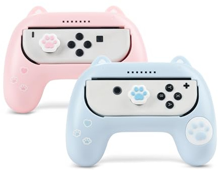 GeekShare Switch Joy Con Grips,Wear-Resistant Grip Controller,2 Pack Comfort Joy Con Holder for Switch OLED Model with 2 Thumb Grips - Pink & Blue