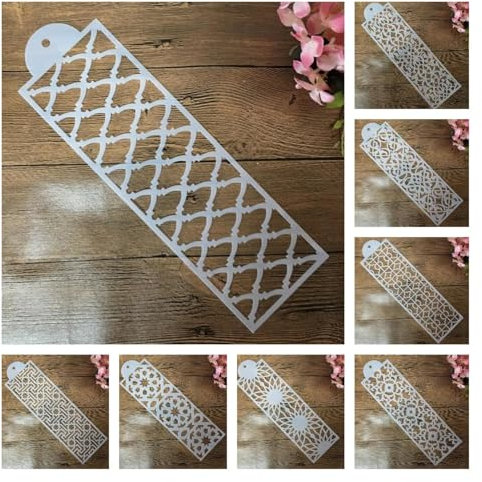 Stencil per artigianato, 8 pezzi, 10 x 34 cm, motivo geometrico, cornice a fiore, riutilizzabili, per dipingere su mobili, pavimenti, decorazioni fai da te
