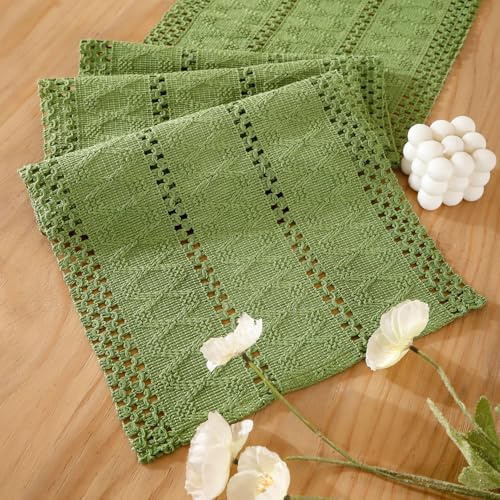Runner Tavola Moderno, Retrò Bohémien Centrino Rettangolare Cotone Lino Lavabile Rustico Fattoria Macramè Runner da Tavolo Decorazione per Cucina Festa Compleanno 30 x 140 Verde Salvia