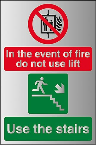 V Safety In The Event Of Fire Do Not Use Lift/Use The Stairs Right 150 x 200 mm - Self Adhesive Vinyl - Aluminium Effect Safety Sign