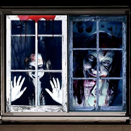 Halloween Deko Gruselig Fensterbilder,2 Stück Halloween Deko Fenster Vorhang für Outdoor Innen Garten Haustür Tür,120 x 80cm Helloween Draußen Fensterdeko Türdeko Horror Party Decorations Zubehör