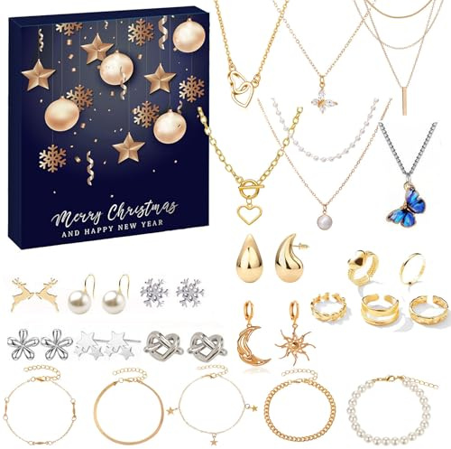 Schmuck Adventskalender 2025 Frauen Mädchen Ohrringe Halsketten Ringe Armbänder Adventskalender Schmuck Gold Silber Weihnachtskalender 24 Überraschungen Countdown Weihnachten Geschenk für Teenager