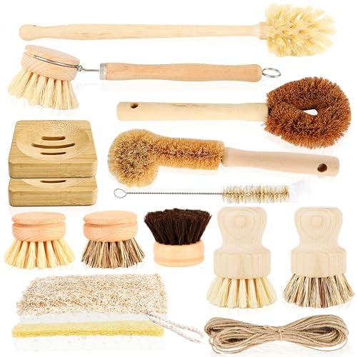 15 Pcs Bamboo Dish Brush Set with Wooden Palm Pot Brush Sisal Bristles Cup Scrubber Loofah Sponge Draining Tray 65 Ft Hemp Rope for Pans, Bottle, Sink Kitchen Cleaning