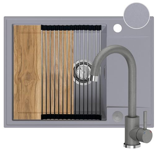 SINK QUALITY Spülbecken grau mit Armatur Set 62x46 - Spüle mit Wasserhahn, Schneidebrett, Siphon PUSH, Abtropfgestell, Imprägniermittel - Küchenspüle Komplettset für 55er Unterschrank