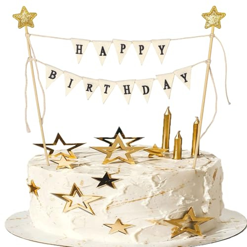 SYKYCTCY 1 Pack Happy Birthday Cake Bunting Topper with Gold Star Celebrating Birthday Cake Decoration for Wedding Anniversary Shower Party Cake Decorations Supplies