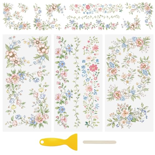 WANDIC 3 Hojas de Calcomanías de Transferencia UV DTF, Pegatinas de Transferencia para Muebles Motivo de Flores Impermeables Acuarela para Álbumes de Recortes Bricolaje Vidrio,15 * 30cm
