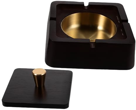 VANZACK Cenicero de Sobremesa con Tapa en Diseño Chino Clásico, Madera y Acero Inoxidable, Resistente al Viento y Fácil de Limpiar, Adecuado para Oficinas y Espacios de Trabajo