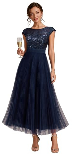 Ever-Pretty Women's Sequin Lace Midi Cocktail Dress Pleated Tulle A-Line Evening Party Gown for Wedding Guest 02769