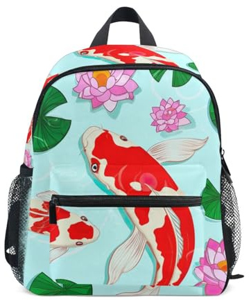 GAIREG Koi fisk lilja blommor grön småbarn pojke ryggsäck med namnskylt, barn skolväska, Koi fisk lilja blommor grön, 3-5 Years, Söta ryggsäckar
