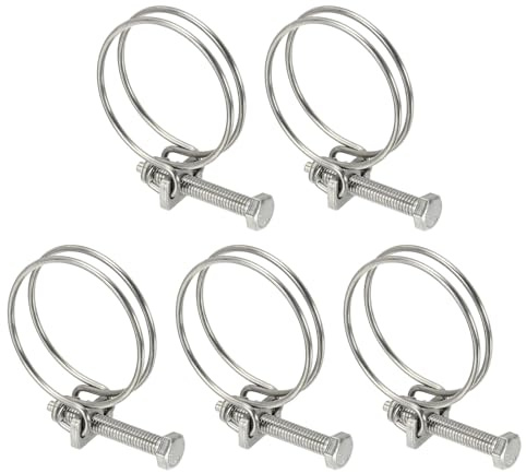 sourcing map 5 Pcs Double Wire Hose Clips 36-40 mm Stainless Steel Adjustable Wire Pipe Tube Clamps with M6 Screw Plumbing Joint Fastener for Dust Collection Pool Pond, Silver