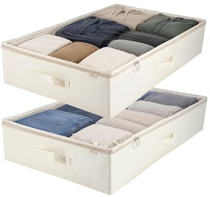 KROMS rangement sous lit lot de 2 – Beige - 80 x 50 x 15 cm - Boîte de rangement avec couvercle - Vêtements, couette & linge de lit - Coffre de rangement pliable - Sac rangement dressing