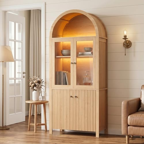 GRAVFORCE Küchenschrank mit LED 190 cm Buffetschrank Kitchen - Cabinet mit verstellbaren Einlegeböden und Türinnenablagen Glasvitrine Vitrinenschrank Wohnzimmer Esszimmer, 80x40x190 cm
