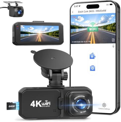 Rmana 4K Dashcam Voiture Avant Arrière, 5GHz WiFi Caméra Embarquée Voiture avec Carte SD 64G, Dashcam avec Écran IPS 3,18 Pouces, WDR, Vision Nocturne, Mode Stationnement 24H