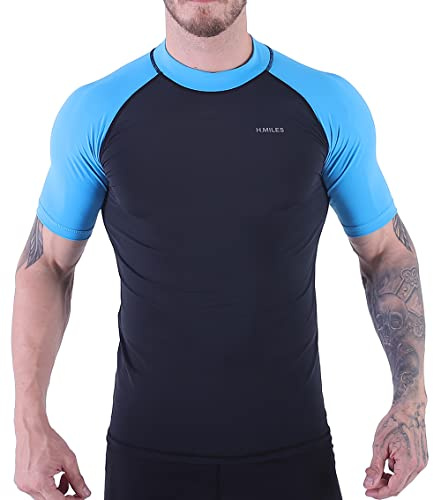 H.MILES Kortärmad rashguard för vuxna män, baslager för simning, snorkling, surfing, toppar, t-shirt för dykning och strand, Svart/Blå, XL