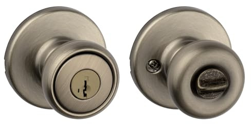 Kwikset Tylo Keyed Entry Door Knob with Microban Antimicrobial Protection Featuring SmartKey Security in Antique Brass (94002-854)