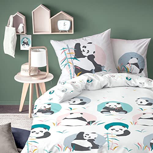 MATT & ROSE Parure de Lit Fille 140x200 cm Panda | 100% Coton | Oeko-Tex | Housse de Couette Enfant 140x200 cm + 1 Taie d'oreiller 63x63 cm Imprimées Réversibles | Blanc