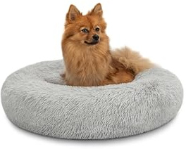 lionto Donutbett für Hunde und Katzen, Flauschiges Hundebett rund für kleine und große Heimtiere, Ø 60 cm, weiches Katzenbett aus kuscheligem Plüsch, Hundekissen mit extra Dicker Füllung, hellgrau