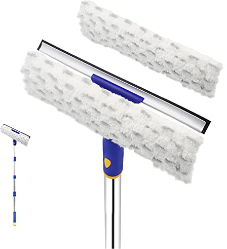 ITTAHO Lavavetri Girevole, 2 in 1, Kit Telescopico per La Pulizia dei Vetri da 150cm con Aste di Prolunga, con Spatola e Detergente per Pasta per Finestre Alte da Interni ed Esterni