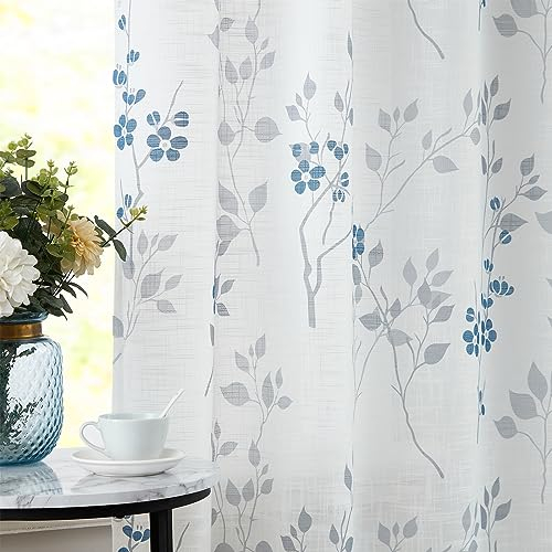 Beauoop Blau Grau Voile Vorhänge Blätter Blumen Muster Leinenoptik Vorhänge mit Ösen für Wohnzimmer Botanisch Halbtransparent Ösenvorhang für Bauernhaus Schlafzimmer 2er Set, 127 x 175cm (HxB)